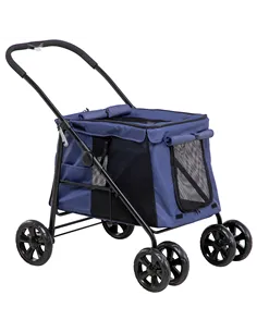 PawHut Dog Pram Dog Stroller 4 Wheels Pet Pushchair with Rolling Door, Cushion, Safety Leashes, for Small and Medium Dogs, Dark 