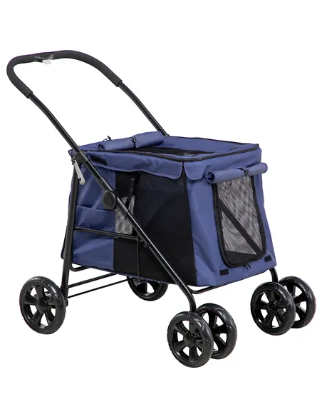 PawHut Dog Pram Dog Stroller 4 Wheels Pet Pushchair with Rolling Door, Cushion, Safety Leashes, for Small and Medium Dogs, Dark 