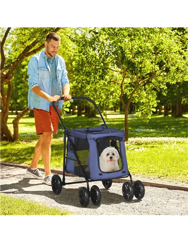 PawHut Dog Pram Dog Stroller 4 Wheels Pet Pushchair with Rolling Door, Cushion, Safety Leashes, for Small and Medium Dogs, Dark 