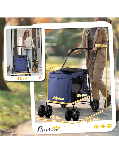 PawHut Dog Pram Dog Stroller 4 Wheels Pet Pushchair with Rolling Door, Cushion, Safety Leashes, for Small and Medium Dogs, Dark 