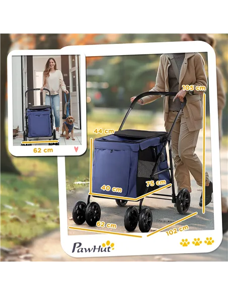 PawHut Dog Pram Dog Stroller 4 Wheels Pet Pushchair with Rolling Door, Cushion, Safety Leashes, for Small and Medium Dogs, Dark 