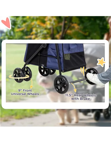 PawHut Dog Pram Dog Stroller 4 Wheels Pet Pushchair with Rolling Door, Cushion, Safety Leashes, for Small and Medium Dogs, Dark 