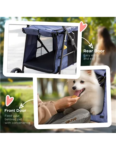 PawHut Dog Pram Dog Stroller 4 Wheels Pet Pushchair with Rolling Door, Cushion, Safety Leashes, for Small and Medium Dogs, Dark 