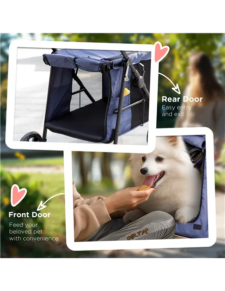 PawHut Dog Pram Dog Stroller 4 Wheels Pet Pushchair with Rolling Door, Cushion, Safety Leashes, for Small and Medium Dogs, Dark 
