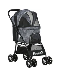 PawHut Foldable Pet Stroller for Dogs, Puppy Stroller, with Large Carriage, Brakes, Canopy - Grey