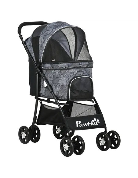 PawHut Foldable Pet Stroller for Dogs, Puppy Stroller, with Large Carriage, Brakes, Canopy - Grey