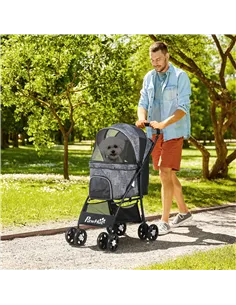 PawHut Foldable Pet Stroller for Dogs, Puppy Stroller, with Large Carriage, Brakes, Canopy - Grey 2