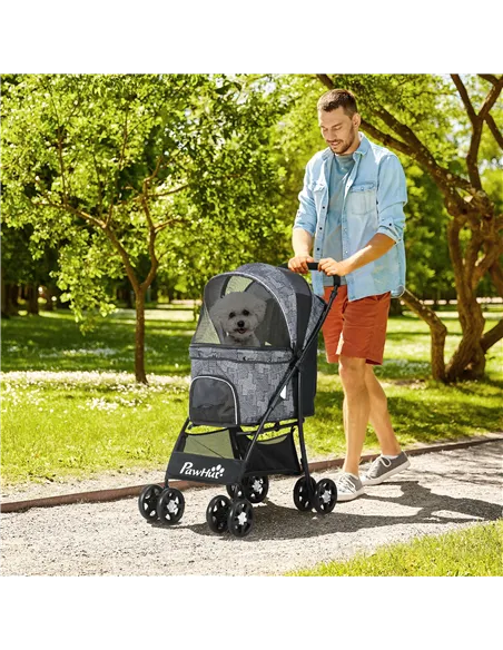 PawHut Foldable Pet Stroller for Dogs, Puppy Stroller, with Large Carriage, Brakes, Canopy - Grey