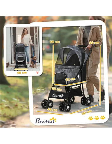 PawHut Foldable Pet Stroller for Dogs, Puppy Stroller, with Large Carriage, Brakes, Canopy - Grey