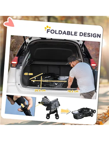 PawHut Foldable Pet Stroller for Dogs, Puppy Stroller, with Large Carriage, Brakes, Canopy - Grey