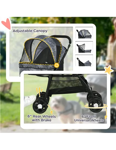 PawHut Foldable Pet Stroller for Dogs, Puppy Stroller, with Large Carriage, Brakes, Canopy - Grey