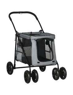 PawHut Dog Pram Dog Stroller 4 Wheels Pet Pushchair with Rolling Door, Cushion, Safety Leashes, for Small and Medium Dogs, Grey