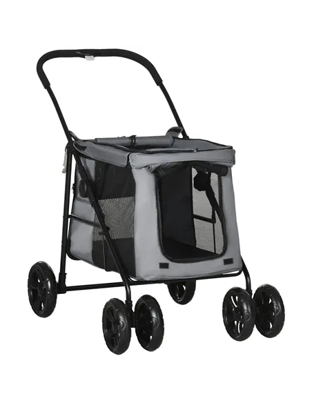 PawHut Dog Pram Dog Stroller 4 Wheels Pet Pushchair with Rolling Door, Cushion, Safety Leashes, for Small and Medium Dogs, Grey