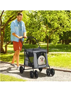 PawHut Dog Pram Dog Stroller 4 Wheels Pet Pushchair with Rolling Door, Cushion, Safety Leashes, for Small and Medium Dogs, Grey 2
