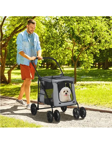 PawHut Dog Pram Dog Stroller 4 Wheels Pet Pushchair with Rolling Door, Cushion, Safety Leashes, for Small and Medium Dogs, Grey