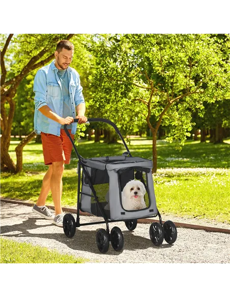 PawHut Dog Pram Dog Stroller 4 Wheels Pet Pushchair with Rolling Door, Cushion, Safety Leashes, for Small and Medium Dogs, Grey
