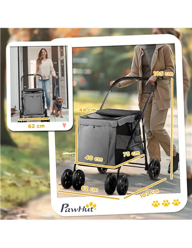 PawHut Dog Pram Dog Stroller 4 Wheels Pet Pushchair with Rolling Door, Cushion, Safety Leashes, for Small and Medium Dogs, Grey