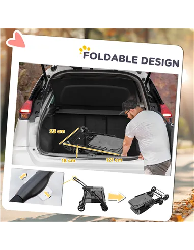 PawHut Dog Pram Dog Stroller 4 Wheels Pet Pushchair with Rolling Door, Cushion, Safety Leashes, for Small and Medium Dogs, Grey