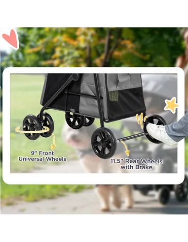 PawHut Dog Pram Dog Stroller 4 Wheels Pet Pushchair with Rolling Door, Cushion, Safety Leashes, for Small and Medium Dogs, Grey