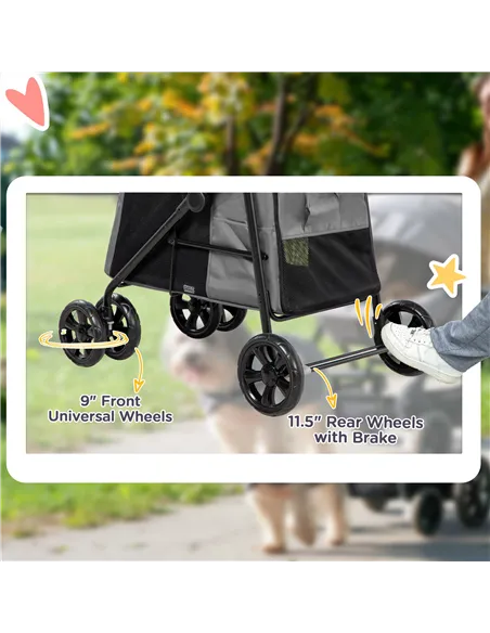 PawHut Dog Pram Dog Stroller 4 Wheels Pet Pushchair with Rolling Door, Cushion, Safety Leashes, for Small and Medium Dogs, Grey