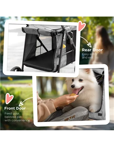 PawHut Dog Pram Dog Stroller 4 Wheels Pet Pushchair with Rolling Door, Cushion, Safety Leashes, for Small and Medium Dogs, Grey