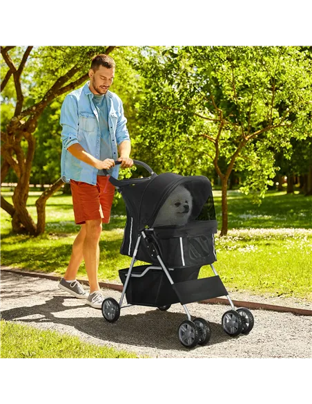 PawHut Pet Stroller for Small Miniature Dogs Cats Foldable Travel Carriage with Wheels Zipper Entry Cup Holder Storage Basket Bl