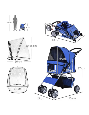 PawHut Dog Stroller with Rain Cover for Small Miniature Dogs, Folding Pet Pram with Cup Holder, Storage Basket, Reflective Strip
