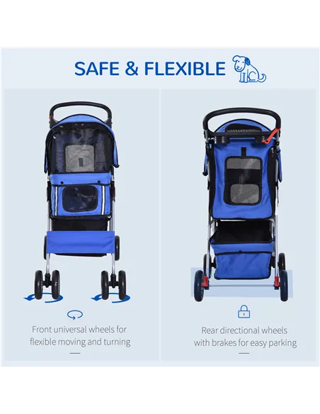PawHut Dog Stroller with Rain Cover for Small Miniature Dogs, Folding Pet Pram with Cup Holder, Storage Basket, Reflective Strip