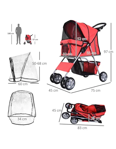 PawHut Dog Stroller with Rain Cover for Small Miniature Dogs, Folding Pet Pram with Cup Holder, Storage Basket, Reflective Strip