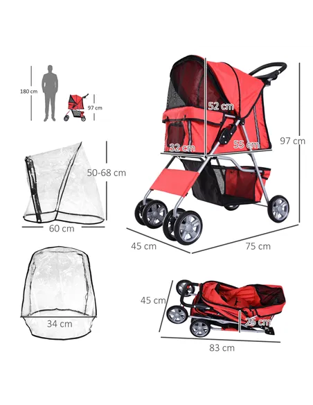 PawHut Dog Stroller with Rain Cover for Small Miniature Dogs, Folding Pet Pram with Cup Holder, Storage Basket, Reflective Strip