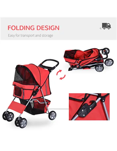 PawHut Dog Stroller with Rain Cover for Small Miniature Dogs, Folding Pet Pram with Cup Holder, Storage Basket, Reflective Strip
