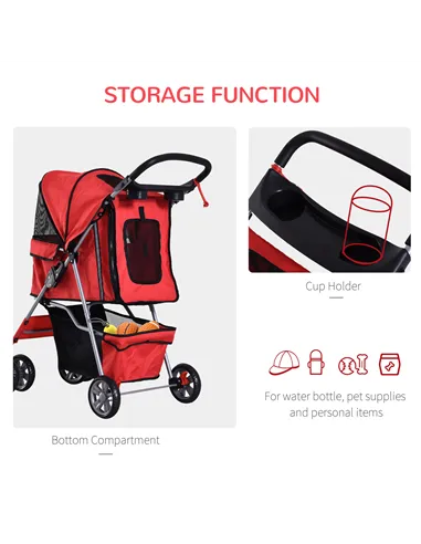 PawHut Dog Stroller with Rain Cover for Small Miniature Dogs, Folding Pet Pram with Cup Holder, Storage Basket, Reflective Strip