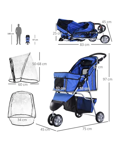 PawHut Dog Stroller with Cover for Small Miniature Dogs, Folding Cat Pram Dog Pushchair with Cup Holder, Storage Basket, Reflect