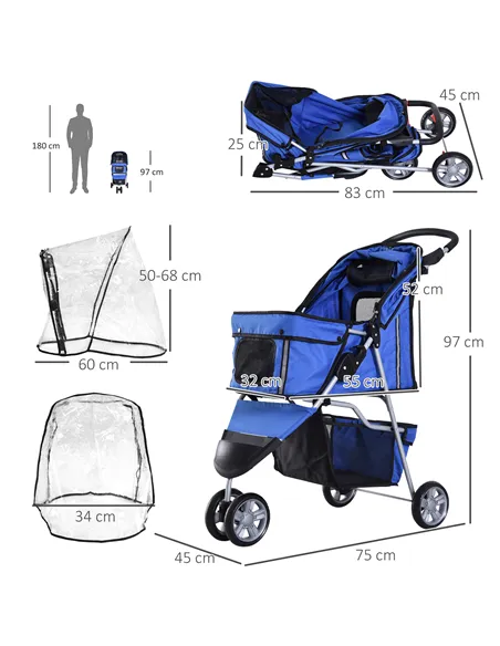 PawHut Dog Stroller with Cover for Small Miniature Dogs, Folding Cat Pram Dog Pushchair with Cup Holder, Storage Basket, Reflect