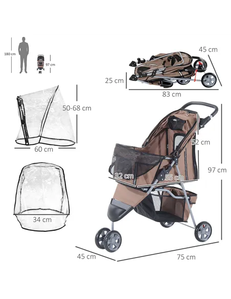 PawHut Dog Stroller with Cover for Small Miniature Dogs, Folding Cat Pram Dog Pushchair with Cup Holder, Storage Basket, Reflect