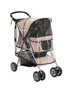 PawHut Dog Stroller with Rain Cover for Small Miniature Dogs, Folding Pet Pram with Cup Holder, Storage Basket, Reflective Strip