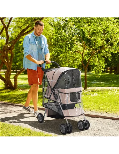 PawHut Dog Stroller with Rain Cover for Small Miniature Dogs, Folding Pet Pram with Cup Holder, Storage Basket, Reflective Strip