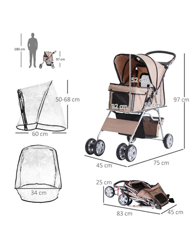 PawHut Dog Stroller with Rain Cover for Small Miniature Dogs, Folding Pet Pram with Cup Holder, Storage Basket, Reflective Strip