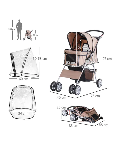 PawHut Dog Stroller with Rain Cover for Small Miniature Dogs, Folding Pet Pram with Cup Holder, Storage Basket, Reflective Strip
