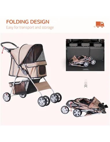 PawHut Dog Stroller with Rain Cover for Small Miniature Dogs, Folding Pet Pram with Cup Holder, Storage Basket, Reflective Strip
