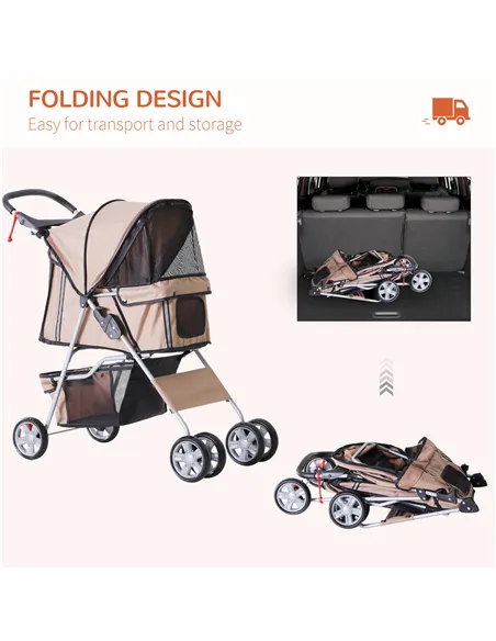 PawHut Dog Stroller with Rain Cover for Small Miniature Dogs, Folding Pet Pram with Cup Holder, Storage Basket, Reflective Strip