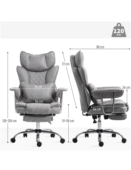 HOMCOM Leathaire Reclining Office Chair with Lumbar Support Pillow - Grey