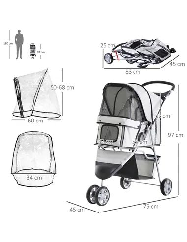 PawHut Dog Stroller with Cover for Small Miniature Dogs, Folding Cat Pram Dog Pushchair with Cup Holder, Storage Basket, Reflect