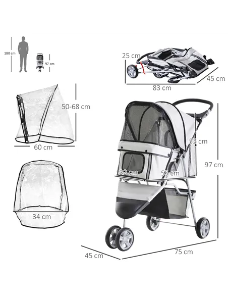 PawHut Dog Stroller with Cover for Small Miniature Dogs, Folding Cat Pram Dog Pushchair with Cup Holder, Storage Basket, Reflect