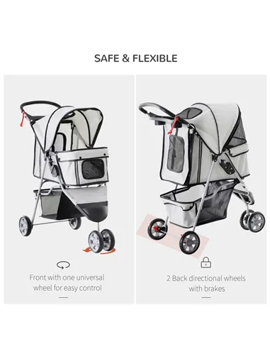 PawHut Dog Stroller with Cover for Small Miniature Dogs, Folding Cat Pram Dog Pushchair with Cup Holder, Storage Basket, Reflect