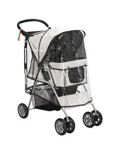 PawHut Dog Stroller with Rain Cover for Small Miniature Dogs, Folding Pet Pram with Cup Holder, Storage Basket, Reflective Strip