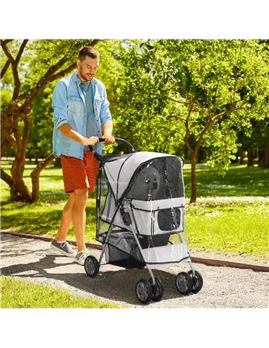 PawHut Dog Stroller with Rain Cover for Small Miniature Dogs, Folding Pet Pram with Cup Holder, Storage Basket, Reflective Strip