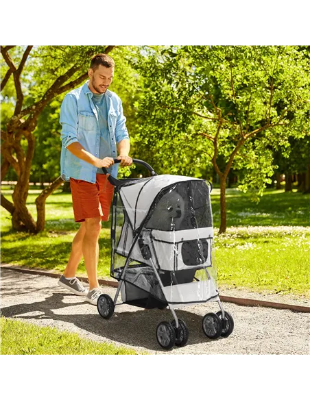 PawHut Dog Stroller with Rain Cover for Small Miniature Dogs, Folding Pet Pram with Cup Holder, Storage Basket, Reflective Strip