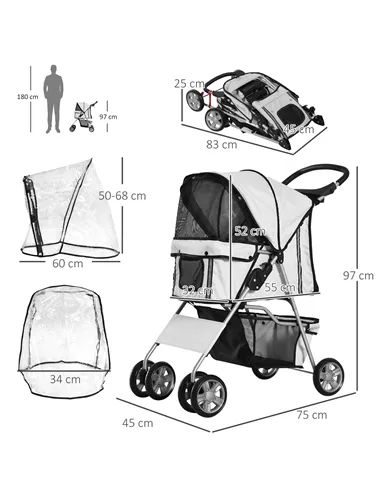 PawHut Dog Stroller with Rain Cover for Small Miniature Dogs, Folding Pet Pram with Cup Holder, Storage Basket, Reflective Strip