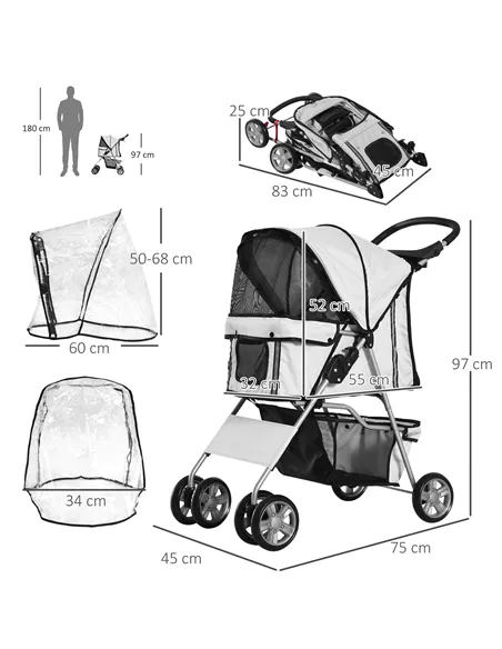PawHut Dog Stroller with Rain Cover for Small Miniature Dogs, Folding Pet Pram with Cup Holder, Storage Basket, Reflective Strip